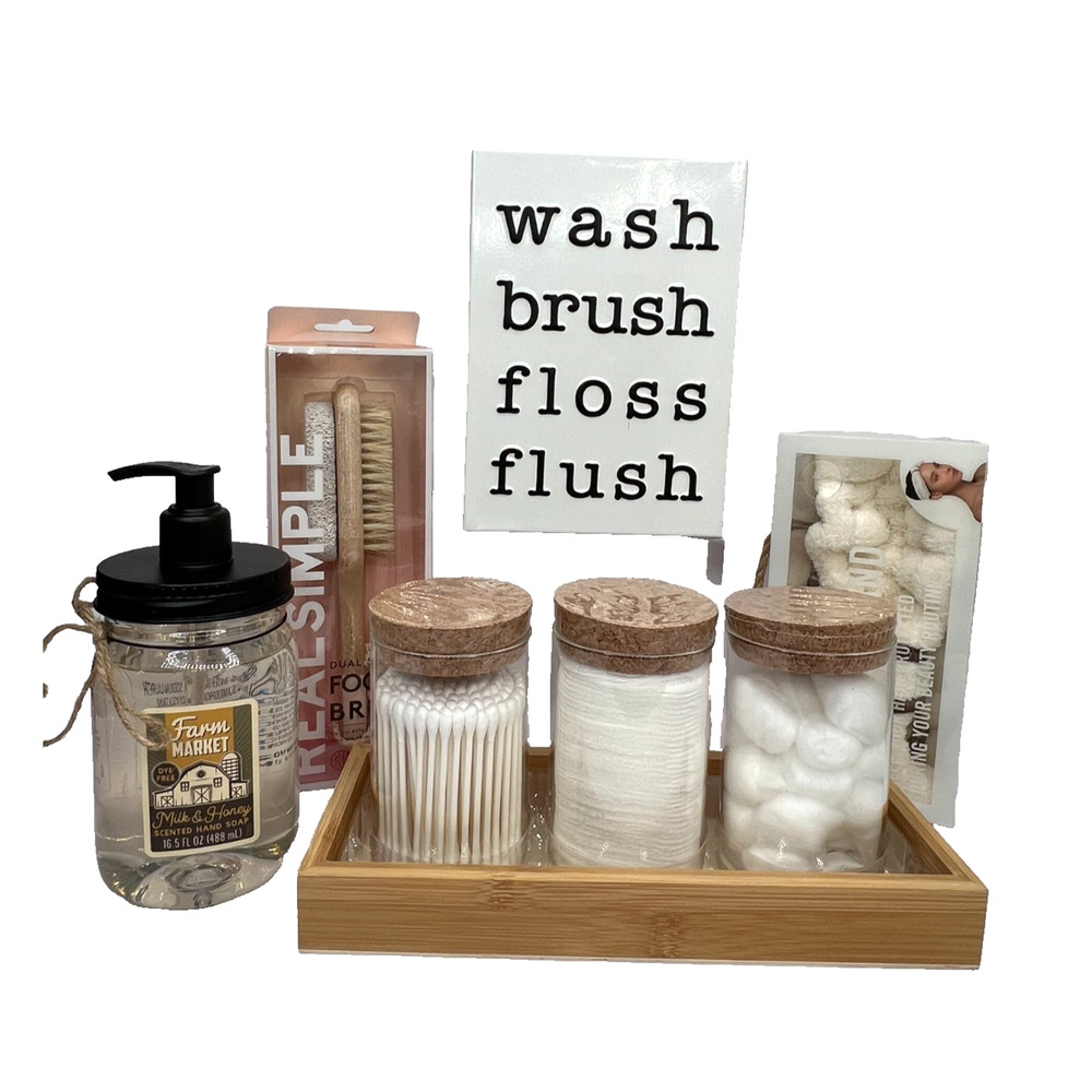 Bath Gift Set 8-Piece. 1 metal frame, 1 hand soap, 1 spa head band, 1 foot brush